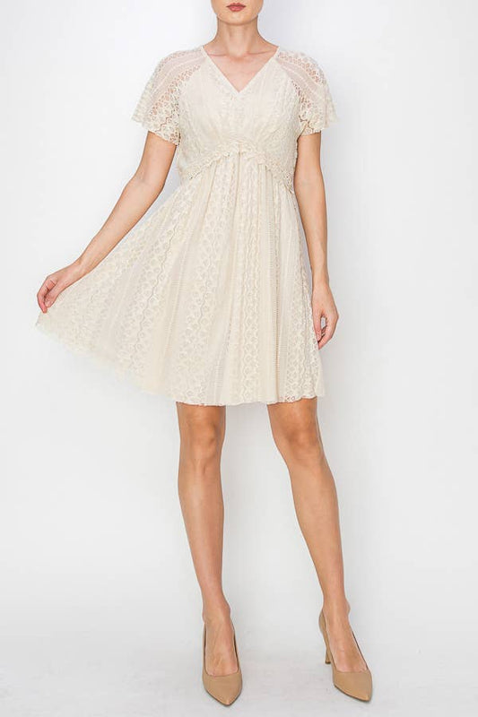 ORIGAMI Lined All Lace Short Sleeve Dress
