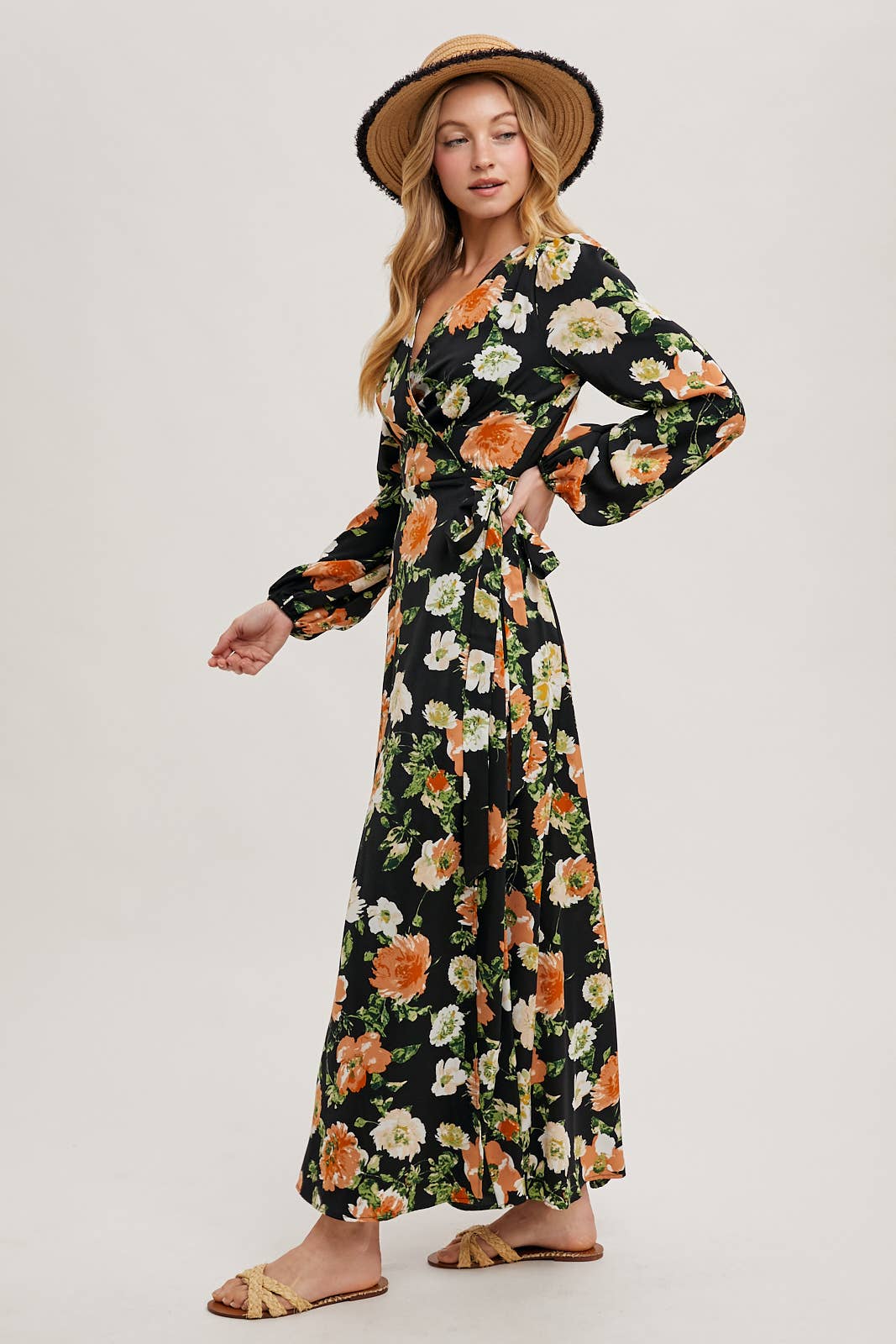 FLORAL SATIN WRAP MAXI DRESS
