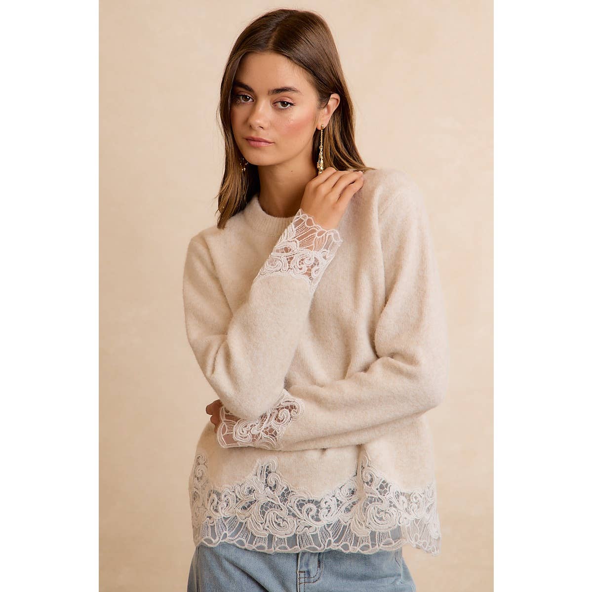 LACE HEM DETAIL CREW NECK SWEATER