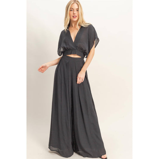 Collared Wrap Top & Wide-Leg Pants Set