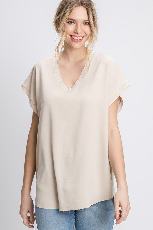 Oatmeal Rough Cut Fall V Neck Top