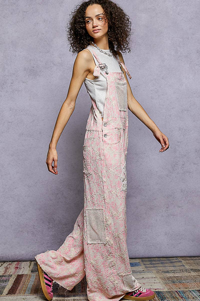 POL Floral Embroidery Accents Mesh Patches Strap Woven Overalls