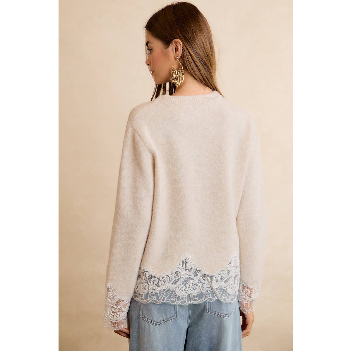 LACE HEM DETAIL CREW NECK SWEATER