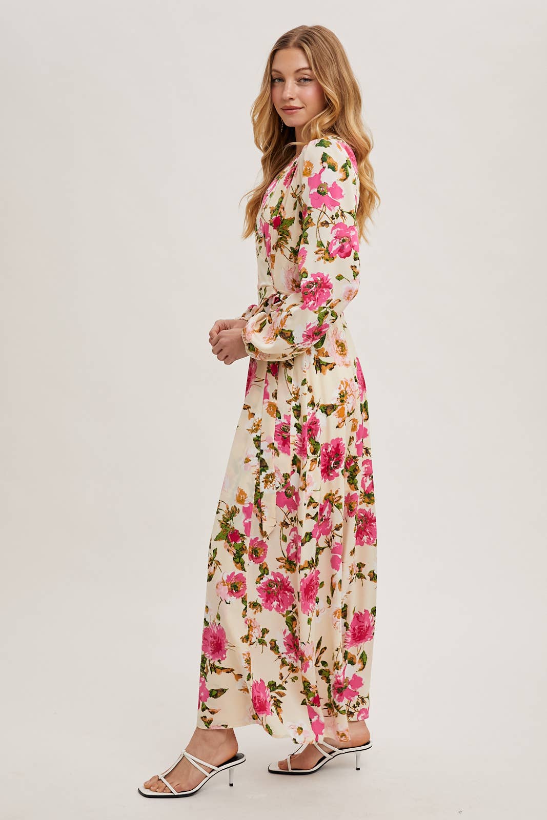 FLORAL SATIN WRAP MAXI DRESS