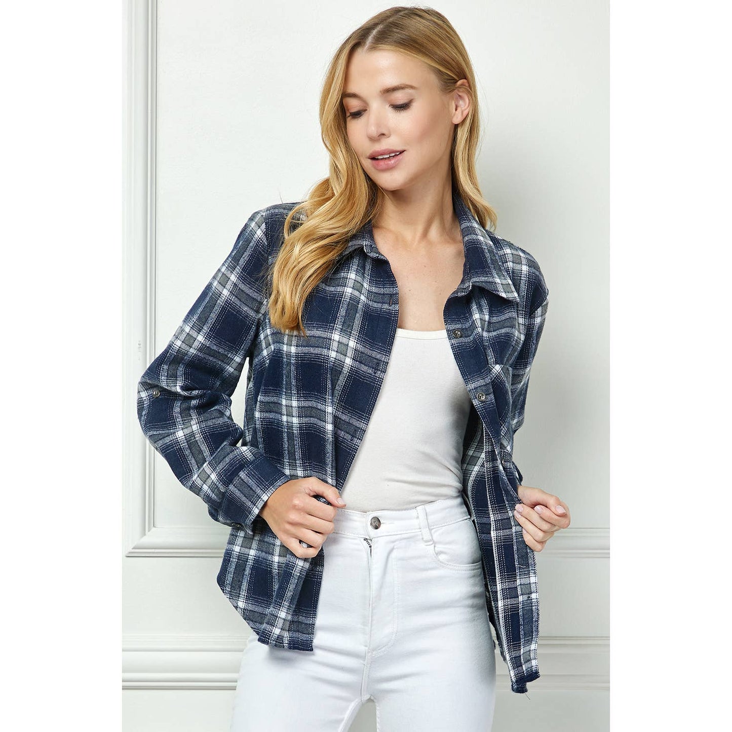 PLAID FLANNEL ROLL SLEEVES  COLLAR NECK SHIRTS