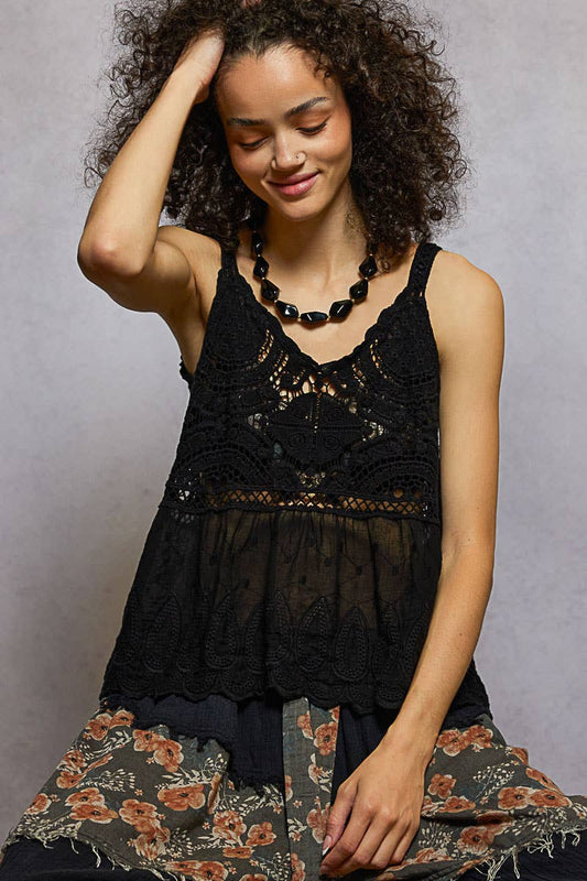 POL V-neck Sleeveless Floral Embroidery Crochet Woven Top