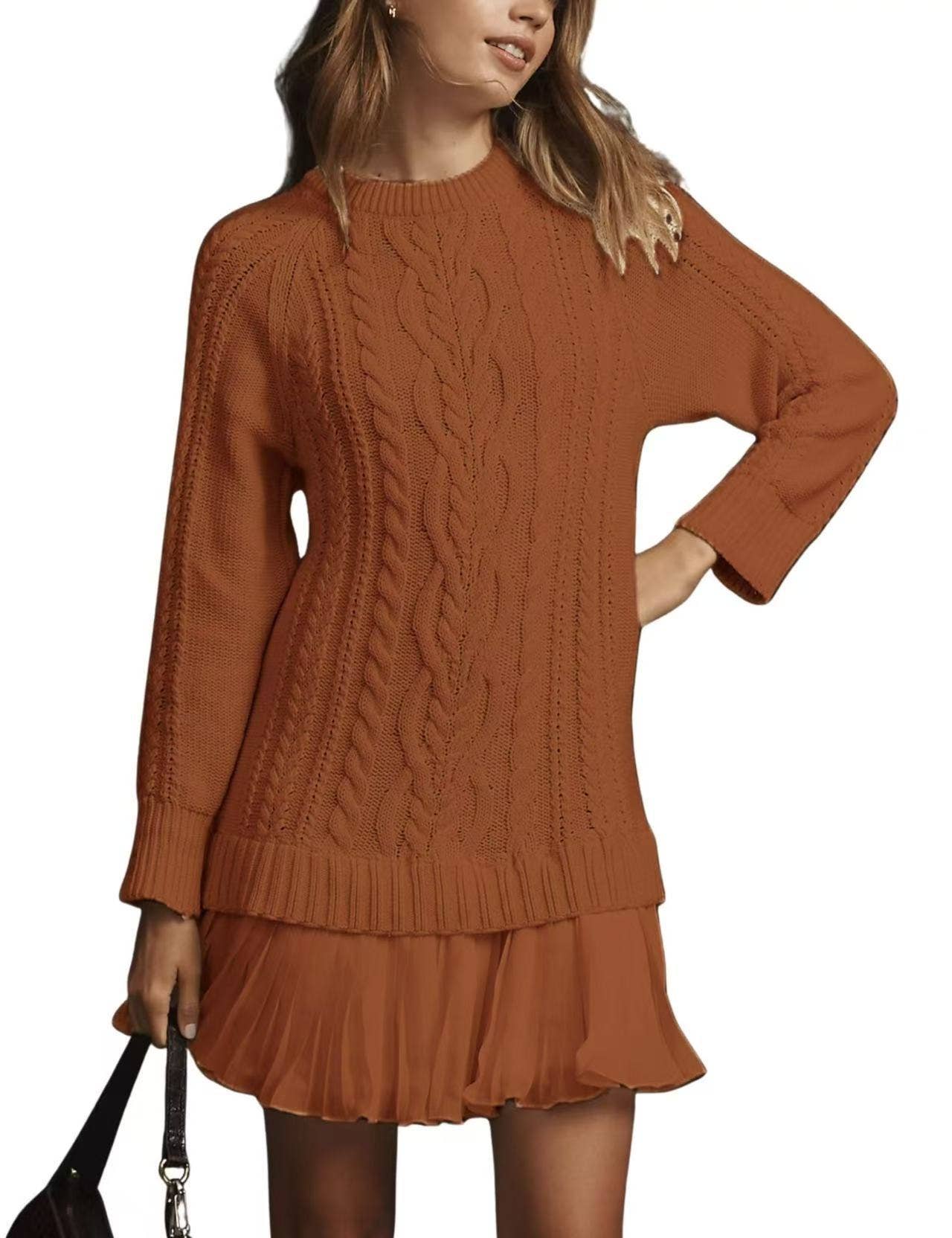 Fashion Patchwork Mesh Cable Knit Sweater Dress