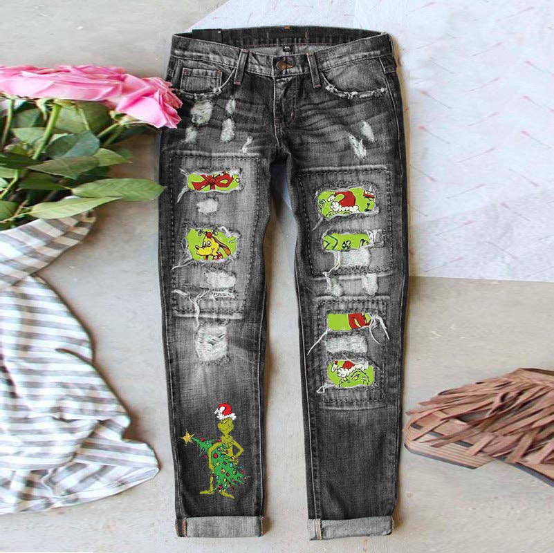 Women’s Light Wash Ripped Jeans with Christmas Grinch Patche