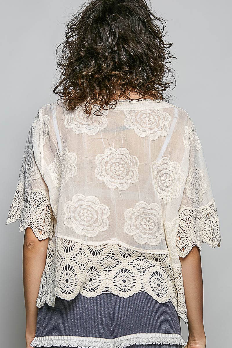 POL Crochet Trim Neckline Short Sleeve Jacket Top