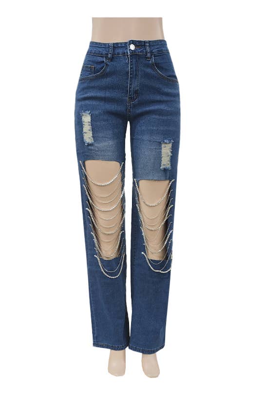 Denim & Diamonds Rhinestone Chain Ripped Cut Out Jeans