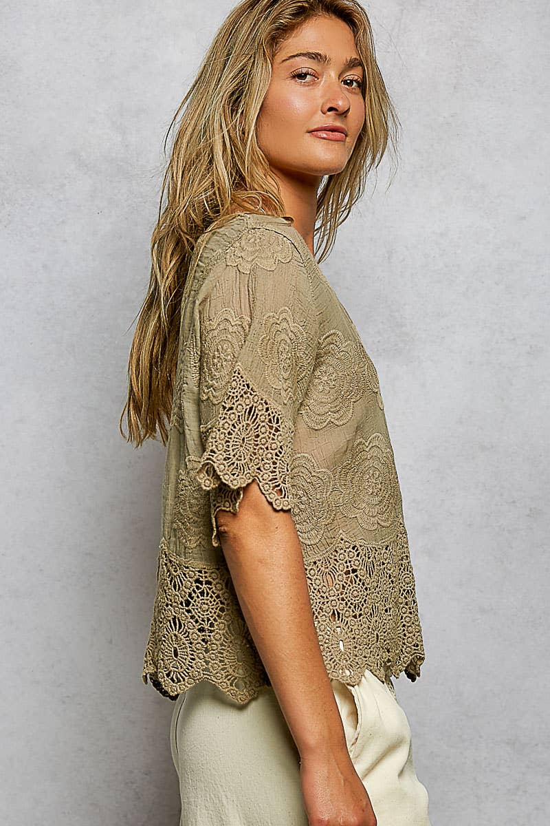 POL Crochet Trim Neckline Short Sleeve Jacket Top