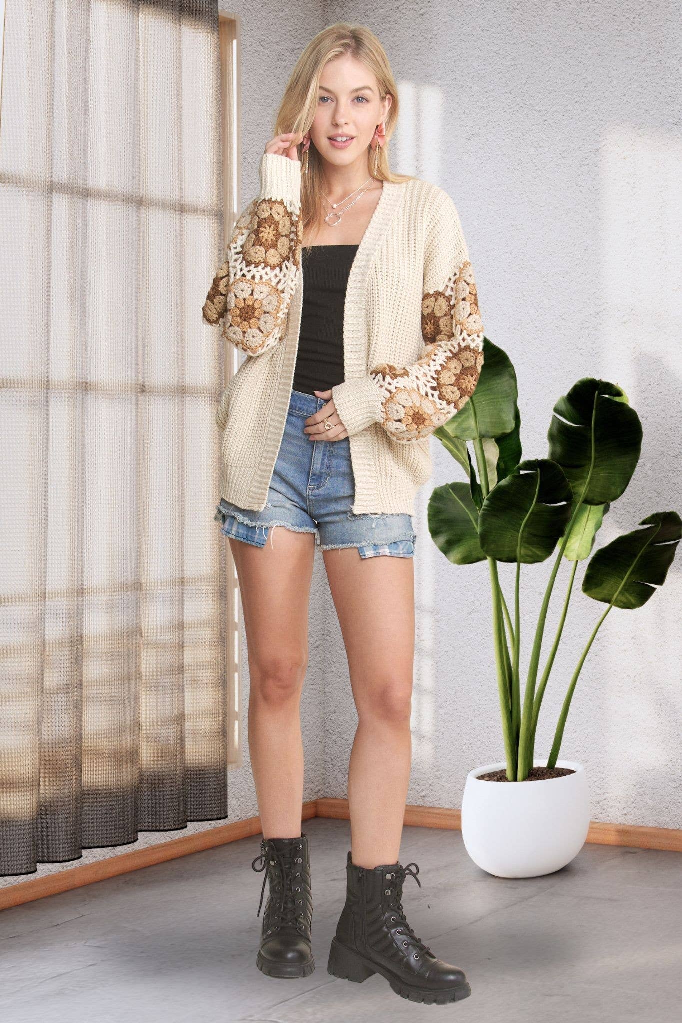 CROCHET SLEEVE SWEATER CARDIGAN