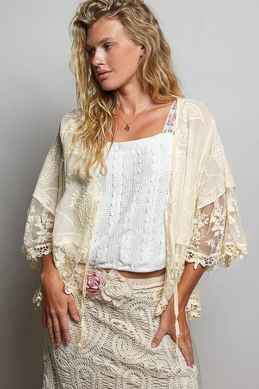 POL 1/2 Sleeve Lace Ruffle Trim Opening Solid Crochet Cardigan