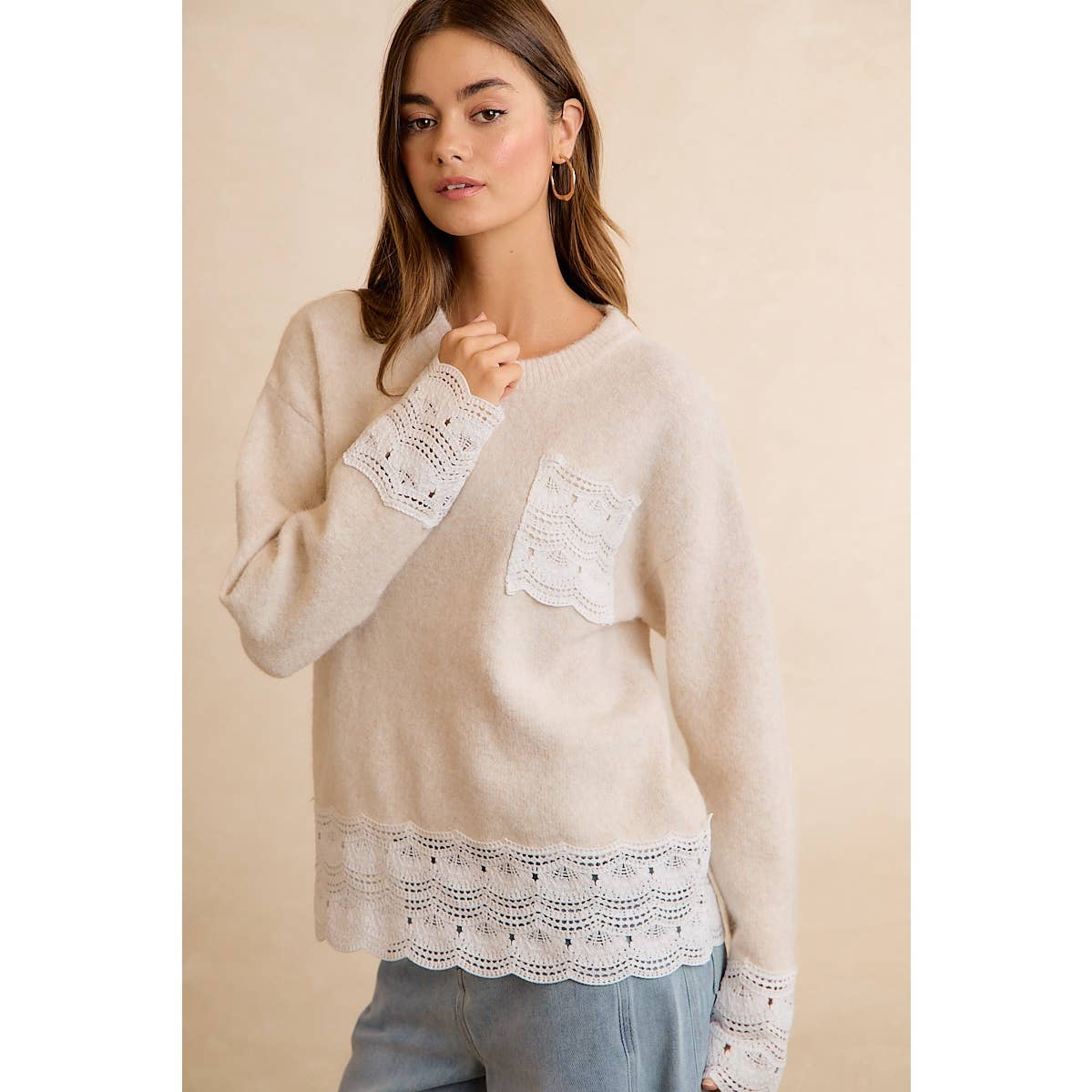 NEW WOMEN CROCHET N LACE BIBI SWEATER