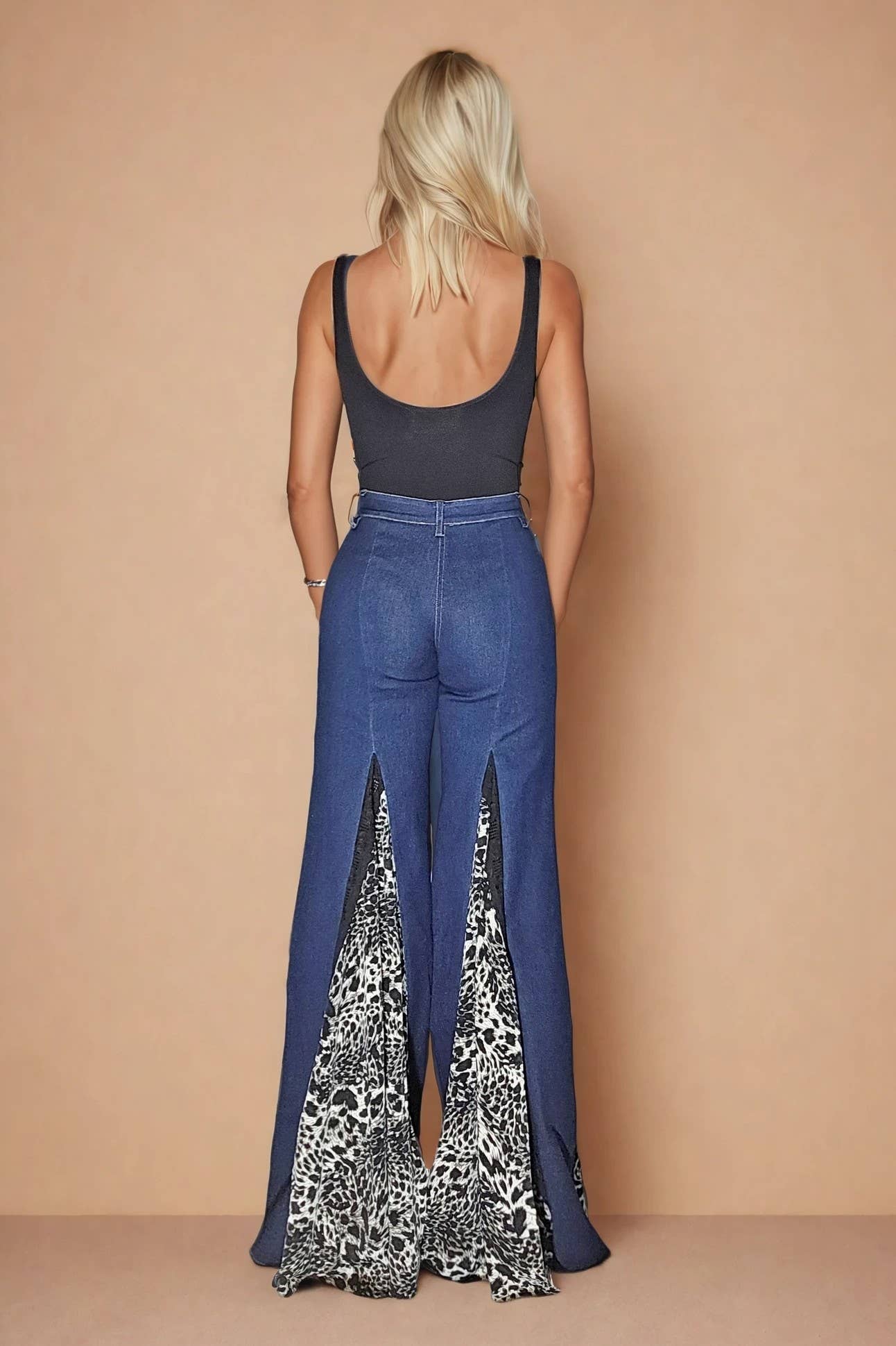Wisteria Lane LEOPARD AND LACE WIDE LEG BOHO DENIM JEANS