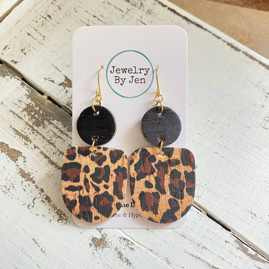 Boho Dangle Earrings: Black & Cheetah Cork