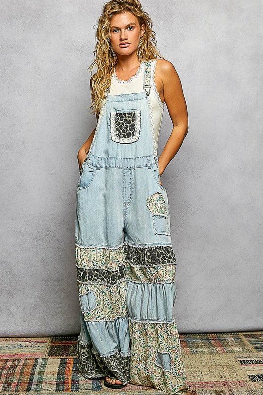 POL Feminine Mixed Printed Fabric Ruffle Wide Leg Overall