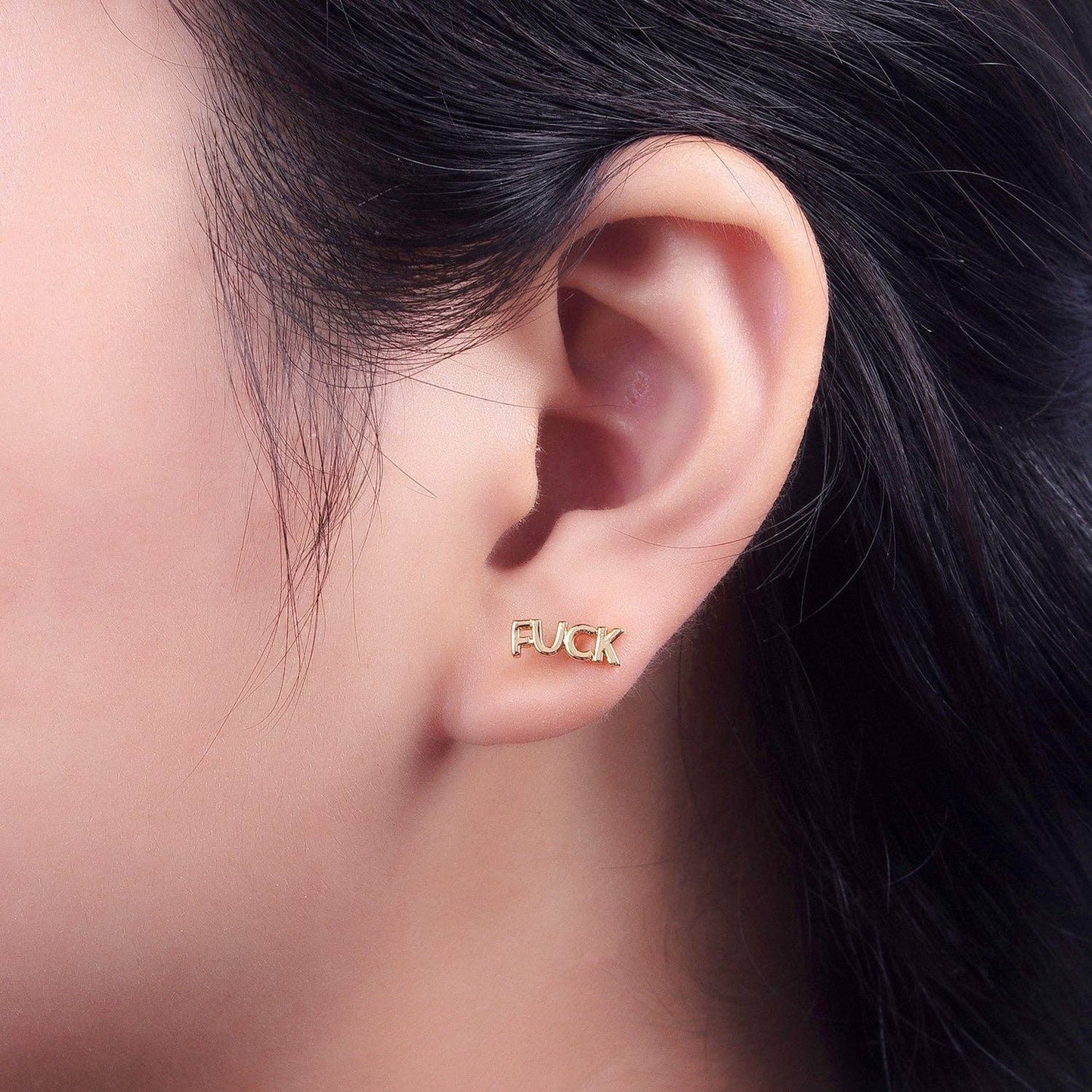 Dainty 16K Gold Filled "FUCK" Script Stud Earrings