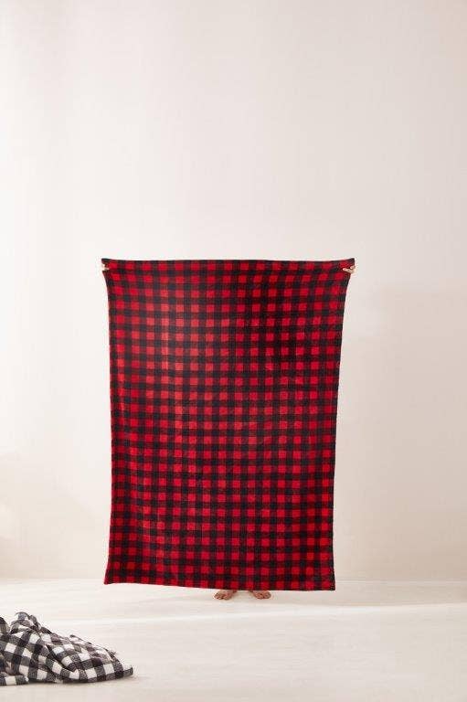 "Red & Black Plaid" Footed Flannel Throw 50"x70"