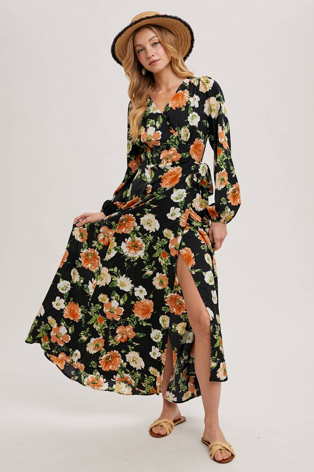 FLORAL SATIN WRAP MAXI DRESS