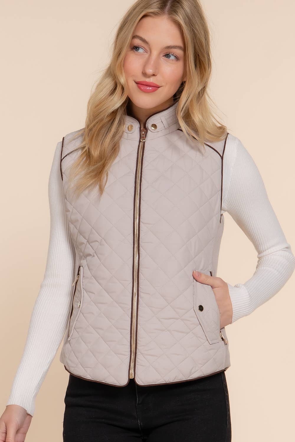 Suede Piping Rib Quilted Padding Jacket / Vest