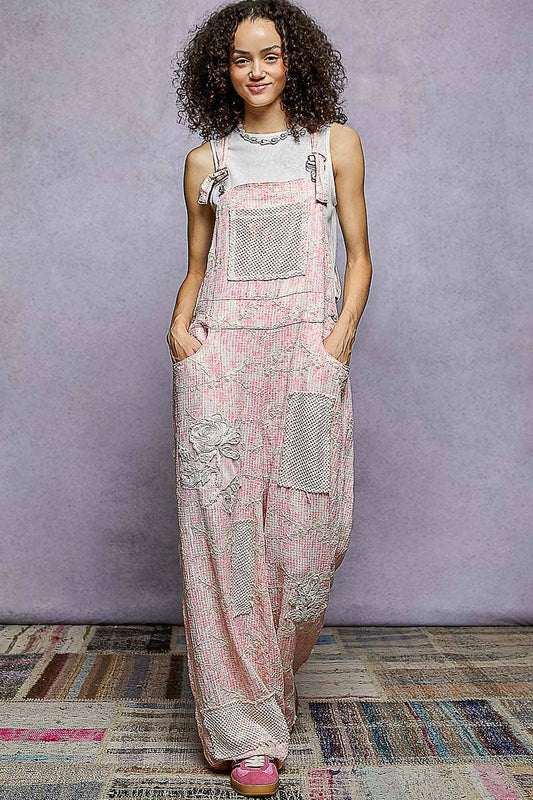 POL Floral Embroidery Accents Mesh Patches Strap Woven Overalls
