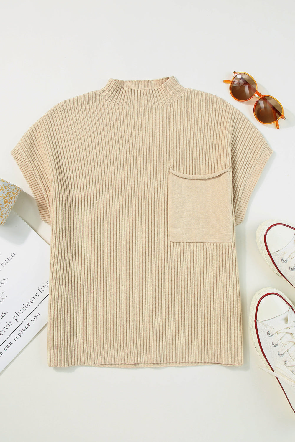 Patch Pocket Ribbed Knit Short Sleeve Sweater