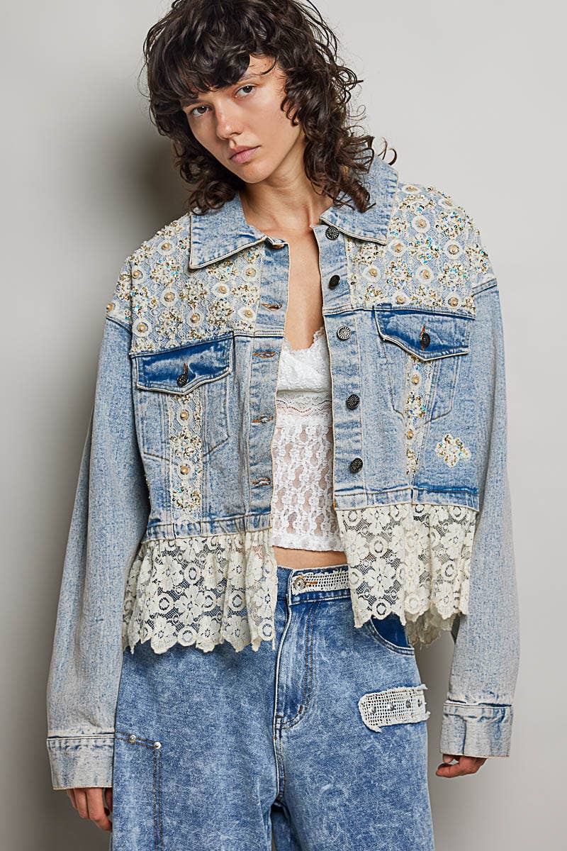 POL Cropped Contrast Panel Lace Hem Denim Jacket