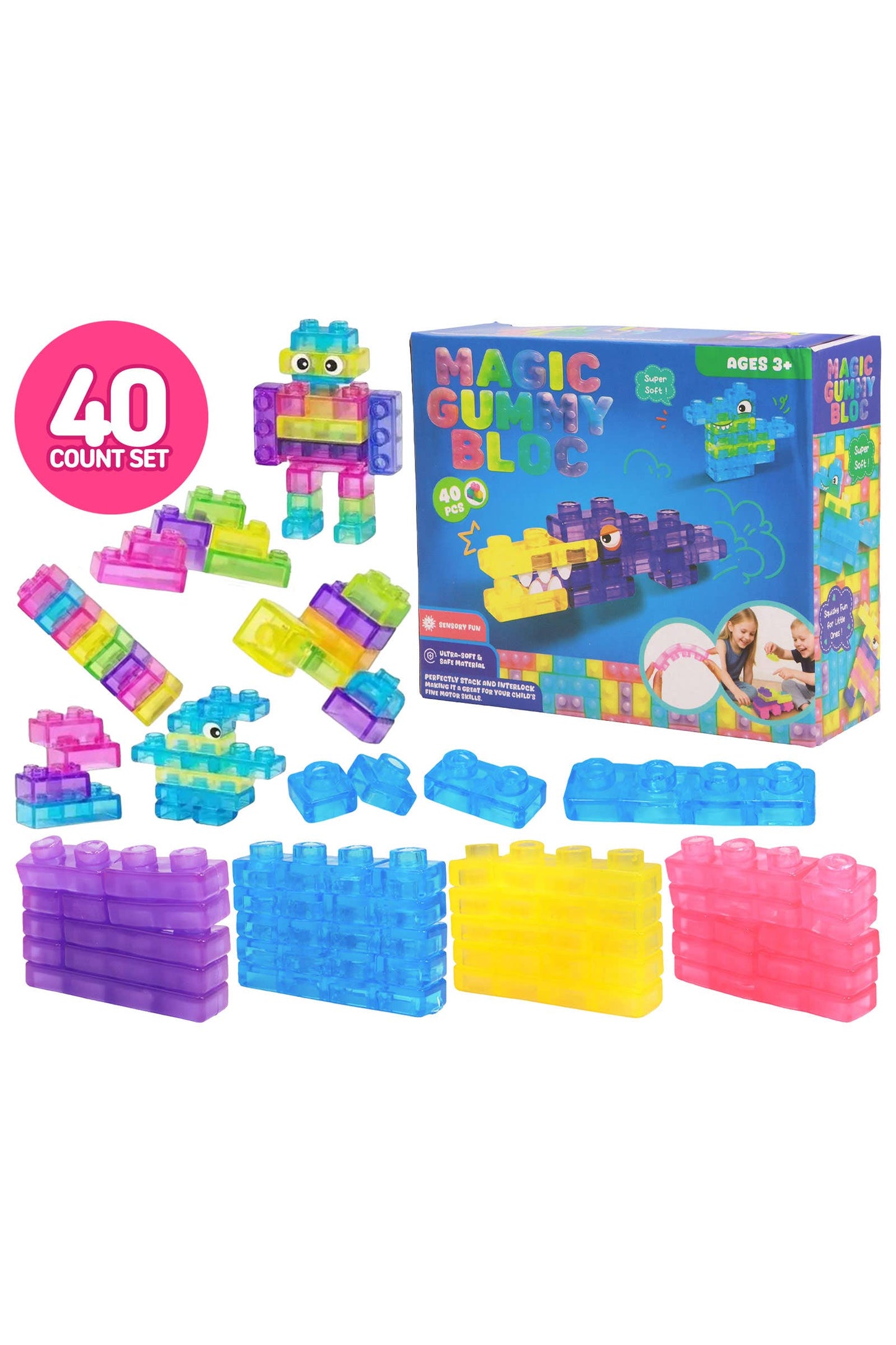 40-Count Colorful Gummy Squishy Sensory Building Block