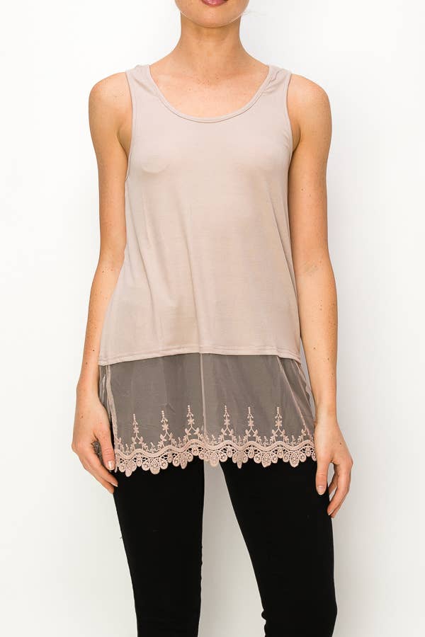 Soft Relaxed Tank With Delicate Floral Laced Hem