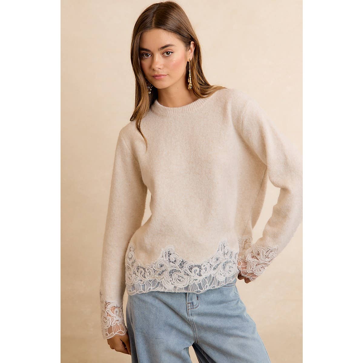 LACE HEM DETAIL CREW NECK SWEATER