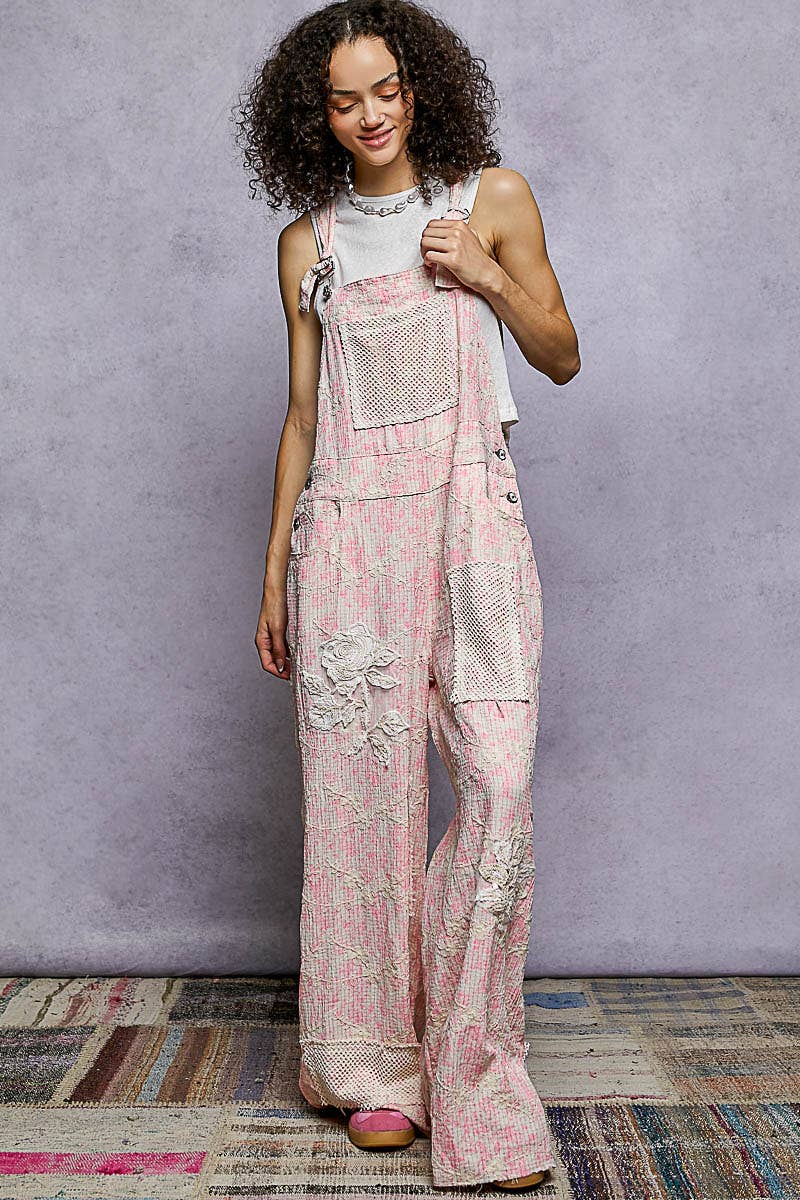 POL Floral Embroidery Accents Mesh Patches Strap Woven Overalls