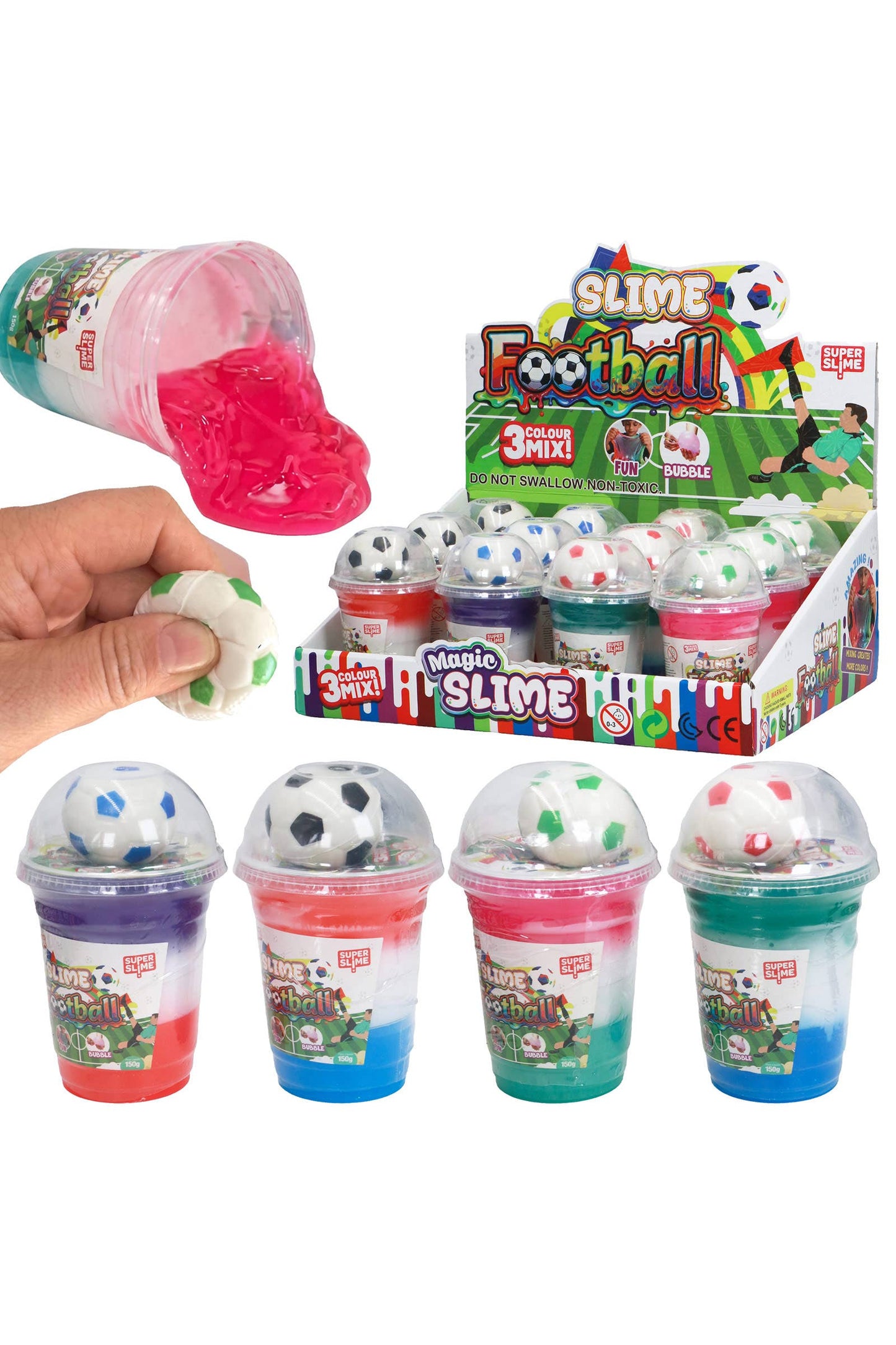 Colorful 3-Tone Gel Slime Cup w/ Soccer Foam Squishy