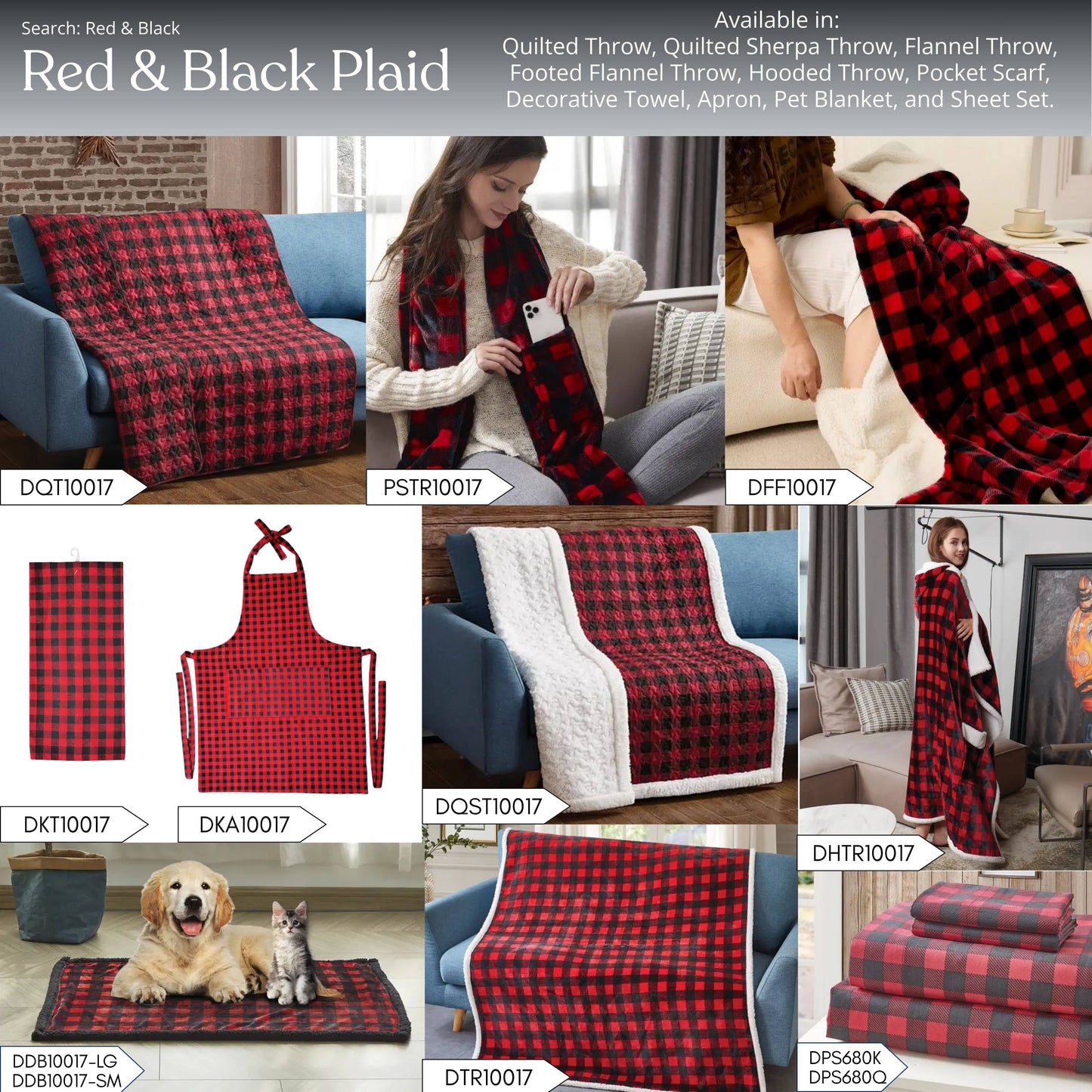 "Red & Black Plaid" Footed Flannel Throw 50"x70"