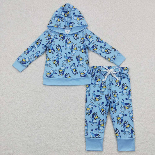 Baby Boys Hooded Blue Dogs Long Sleeve Hooded Tops Pants Clo
