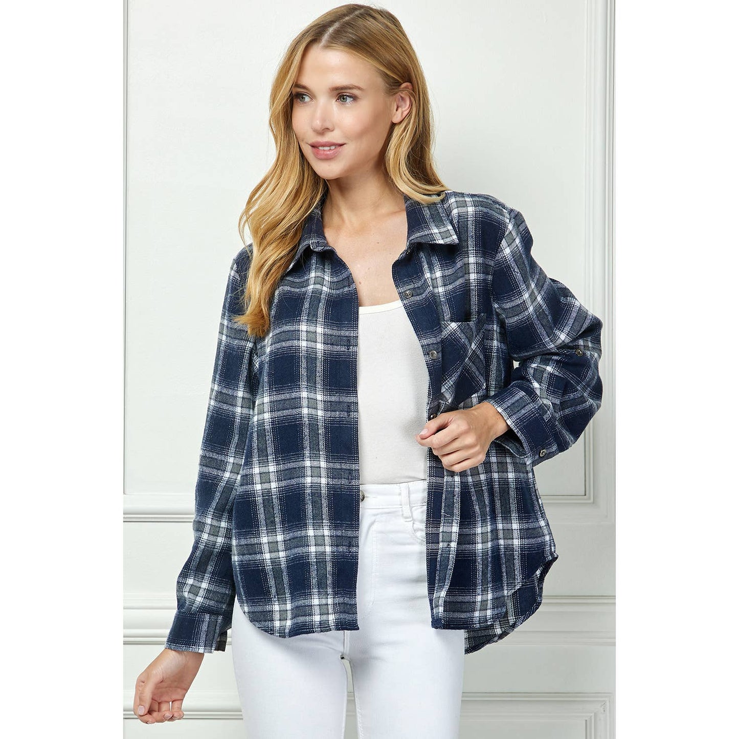 PLAID FLANNEL ROLL SLEEVES  COLLAR NECK SHIRTS