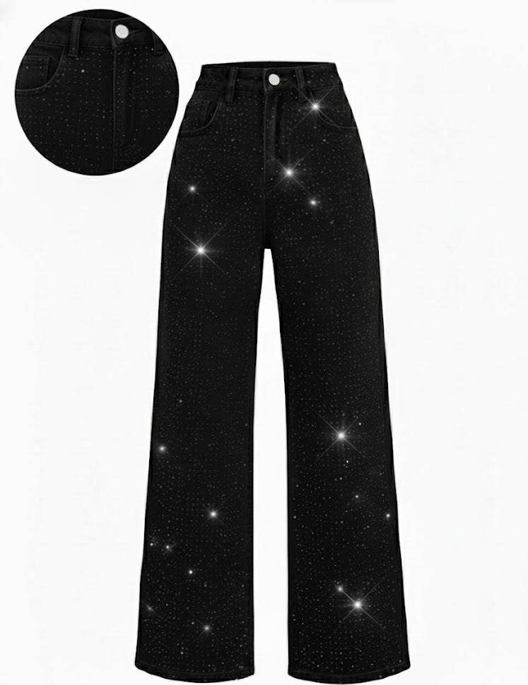 Shiny Rhinestone Straight Wide-Leg Jeans