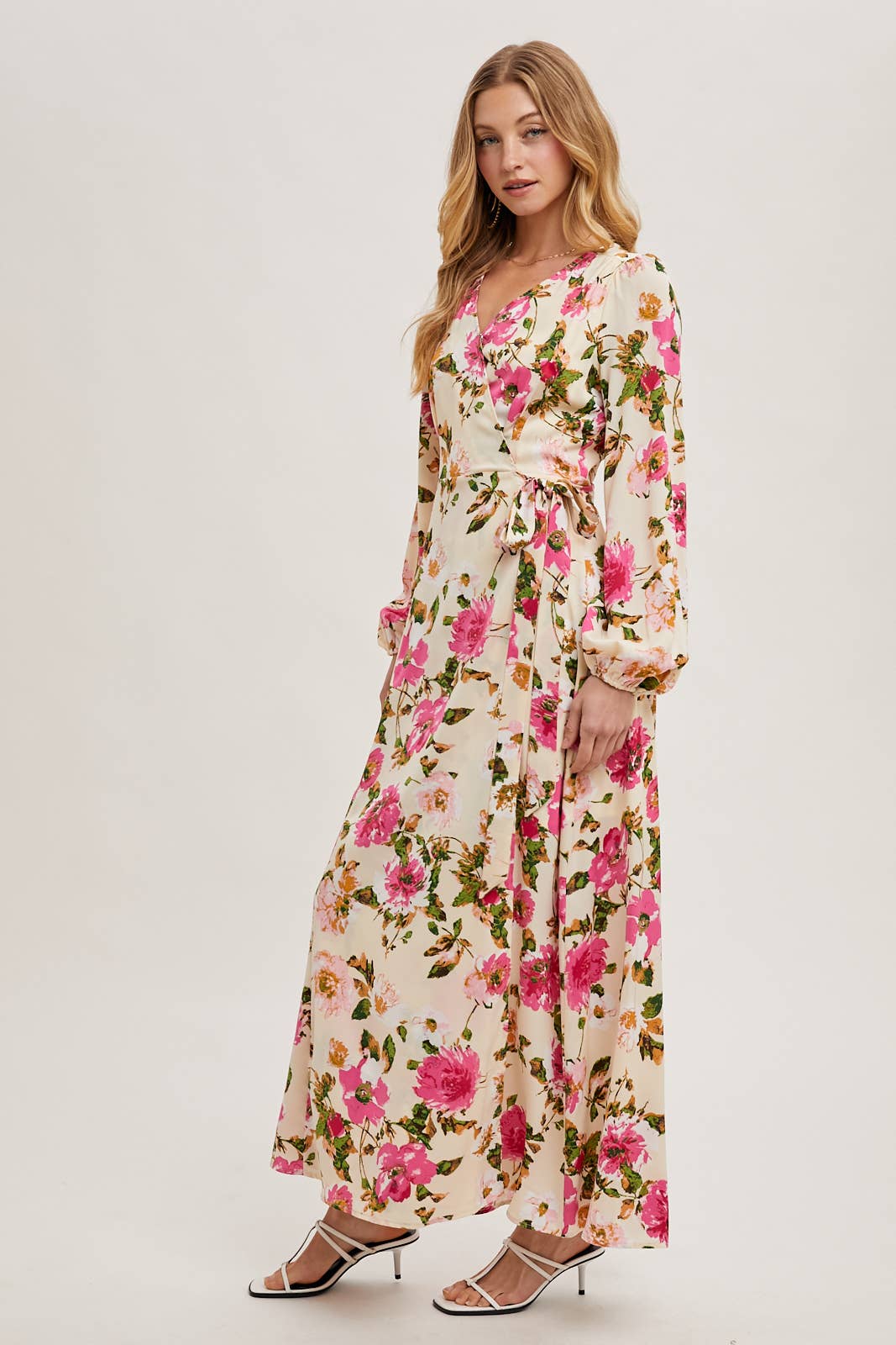 FLORAL SATIN WRAP MAXI DRESS