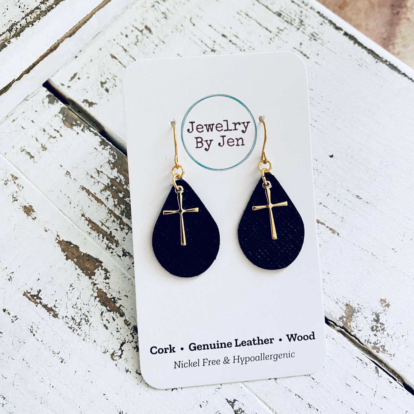 Teardrop Earrings: Black w/Gold Cross Charm