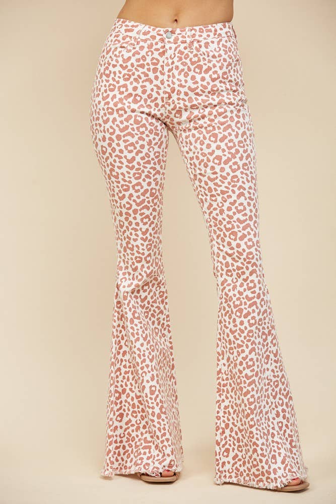 Wisteria Lane LEOPARD ANIMAL PRINT BELLBOTTOM JEANS - PINK