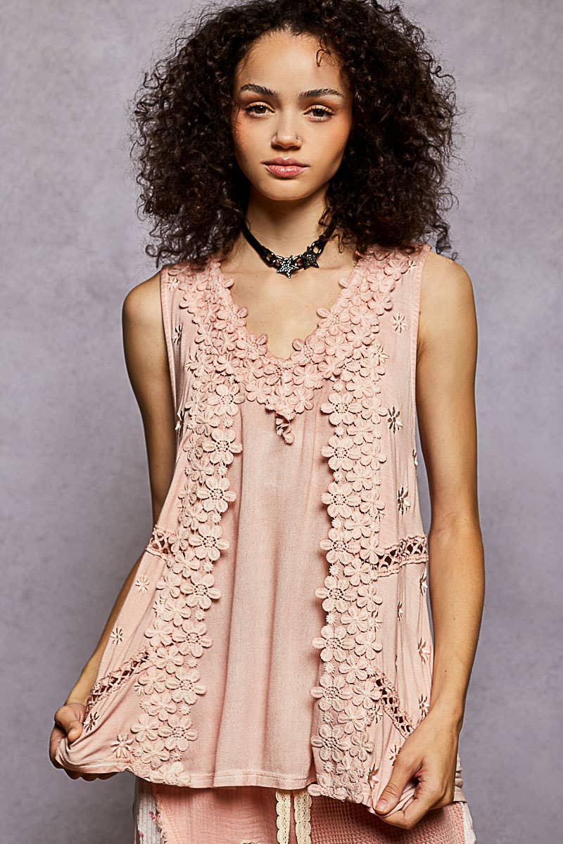 Sleeveless contrast floral lace crochet detail v-neck top