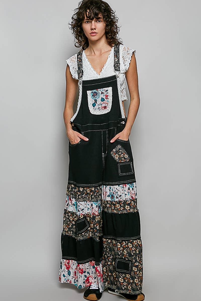 POL Mixed Fabric Wide Leg Overall