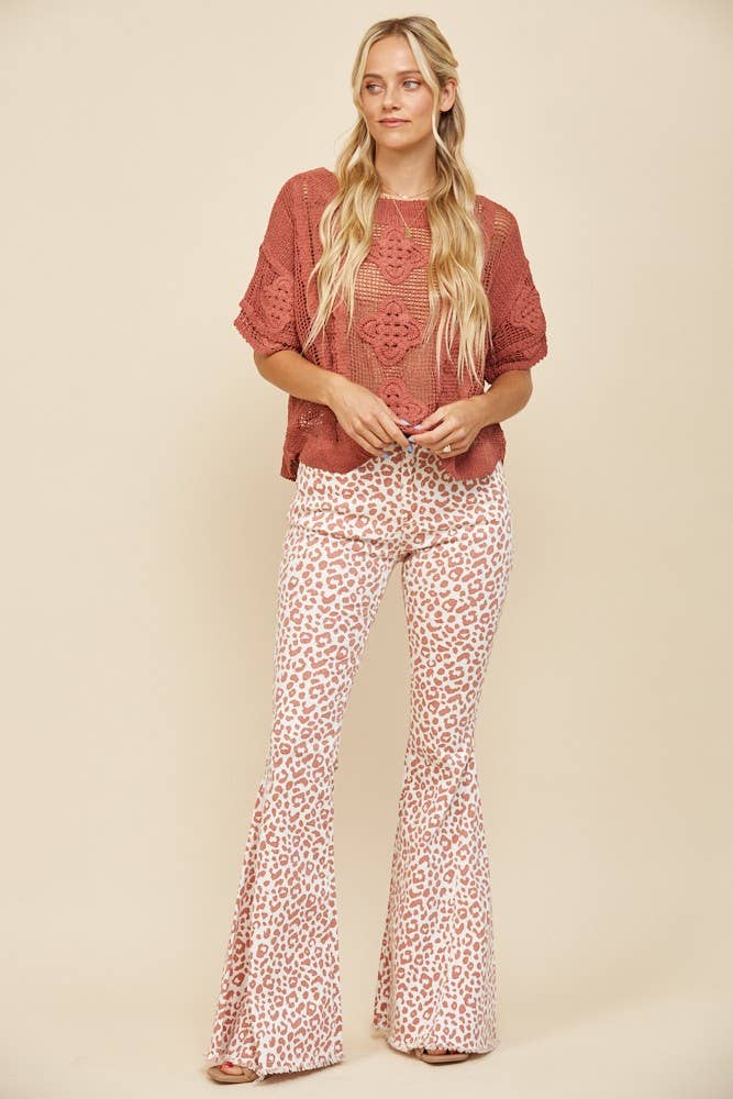 Wisteria Lane LEOPARD ANIMAL PRINT BELLBOTTOM JEANS - PINK