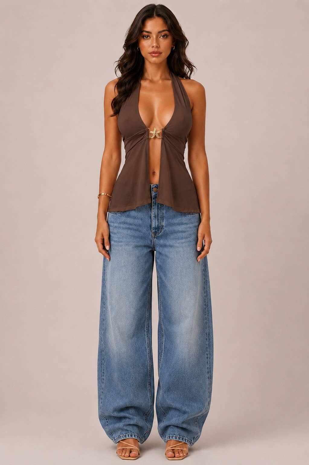 JK57113 - HALTER NECK STARFISH BUCKLE TRIM TANK TOP