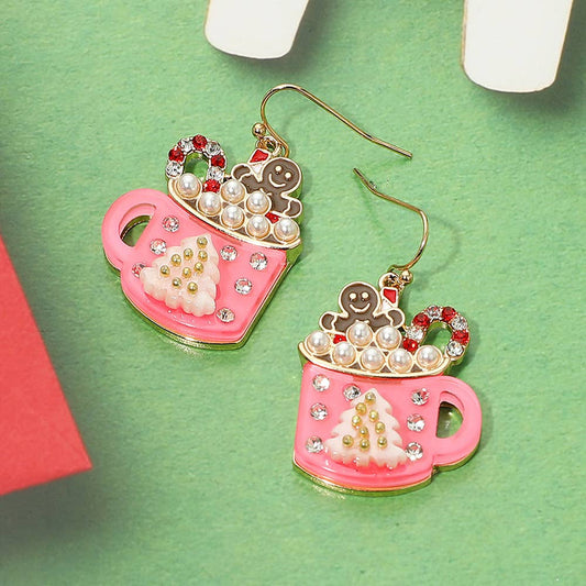 Gingerbread Man Pearl Christmas Mug Dangle Earrings