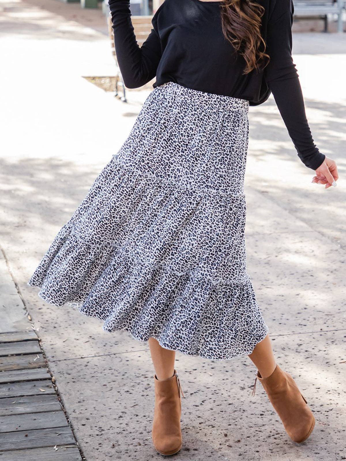 Amara Animal Print Tiered Midi Skirt