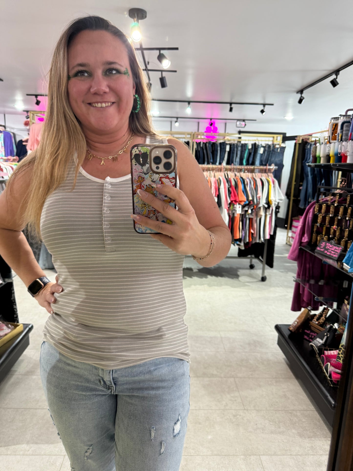 Michelle Mae Striped Gray Ribbed Tank