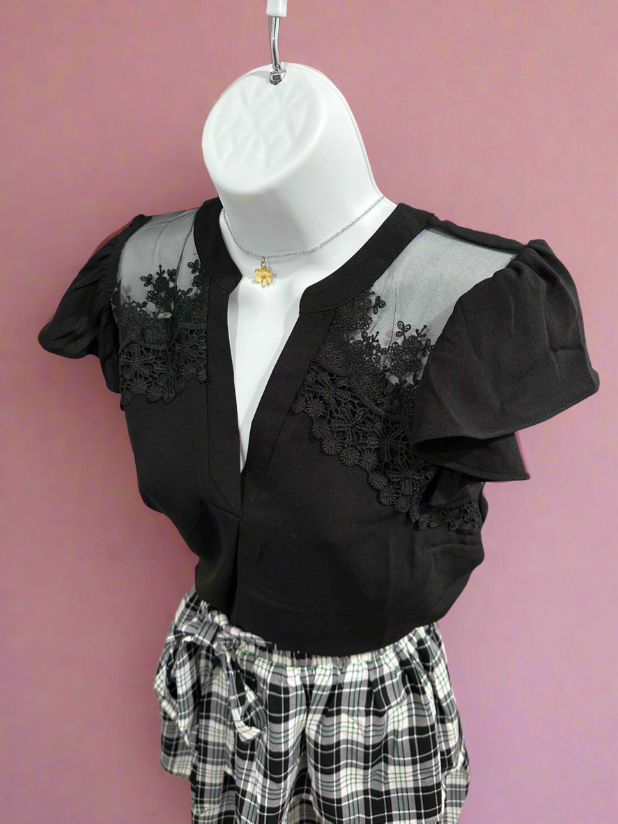 Black Lace and Frill Sleeve Blouse