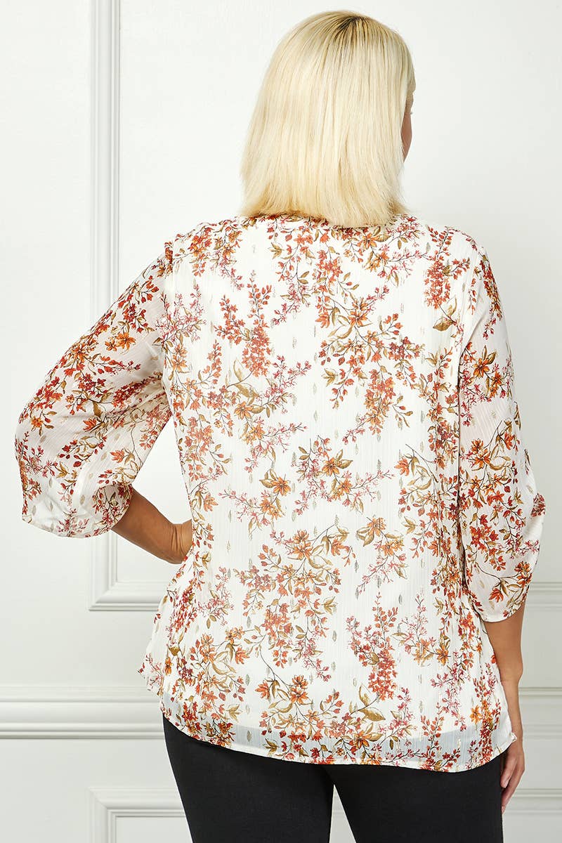 PLUS SIZE LINED BLOUSE WITH 3/4 BUTTON TAB SLEEVES