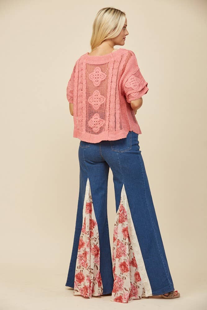 Wisteria Lane FLORAL PRINT LACE DETAIL WIDE LEG DENIM JEANS